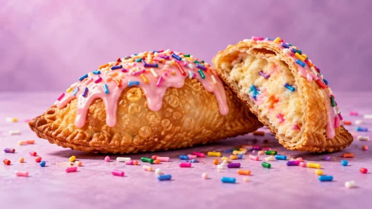 Birthday cake empanada with pink frosting and rainbow sprinkles